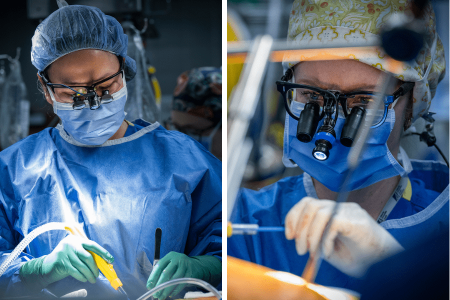 Dr. Carolyn Teng (left) and Dr. Holly Mewhort during cardiac surgeries such as the repair of heart valves.